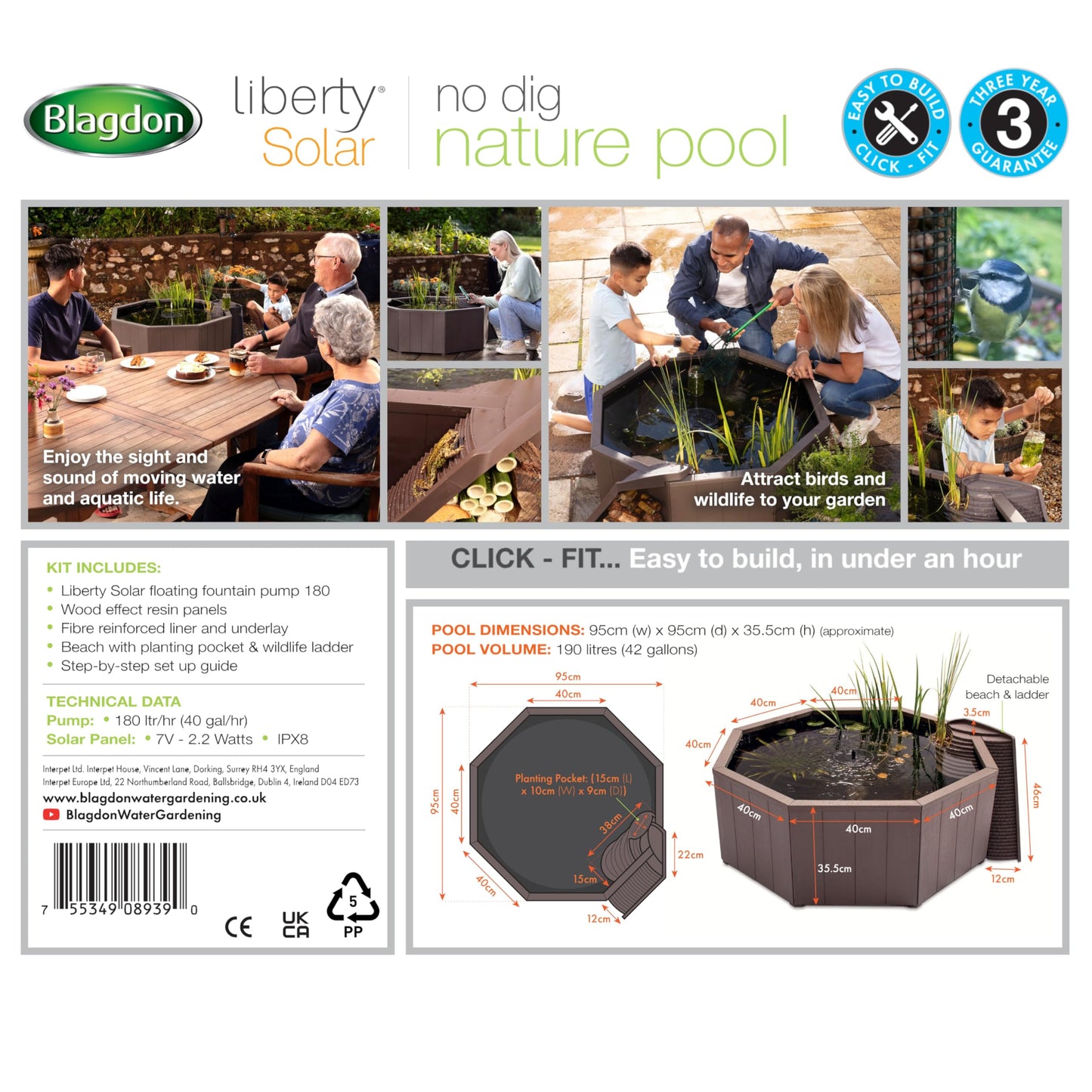 Blagdon Liberty No Dig Nature Pool, Raised Pond for Garden or Patio, Click Fit Easy Construction, with Floating Solar Fountain Pump, Bird Landing Platform, Wildlife Access Ladder and Planting Pocket