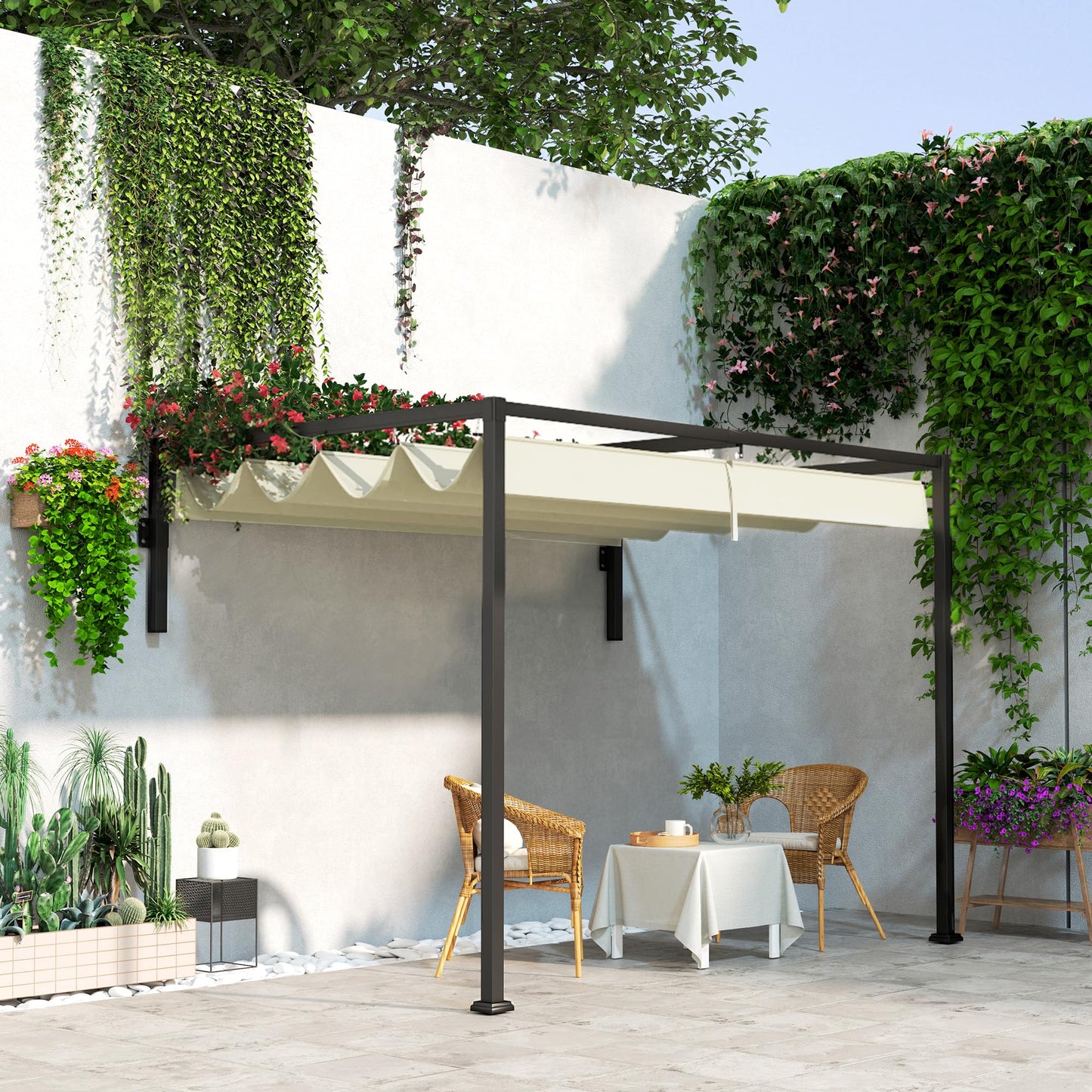 Outsunny 2 x 3(m) Lean To Pergola with Retractable Roof, Wall Mounted Garden Gazebo Outdoor Sun Shade Shelter for Patio, Khaki