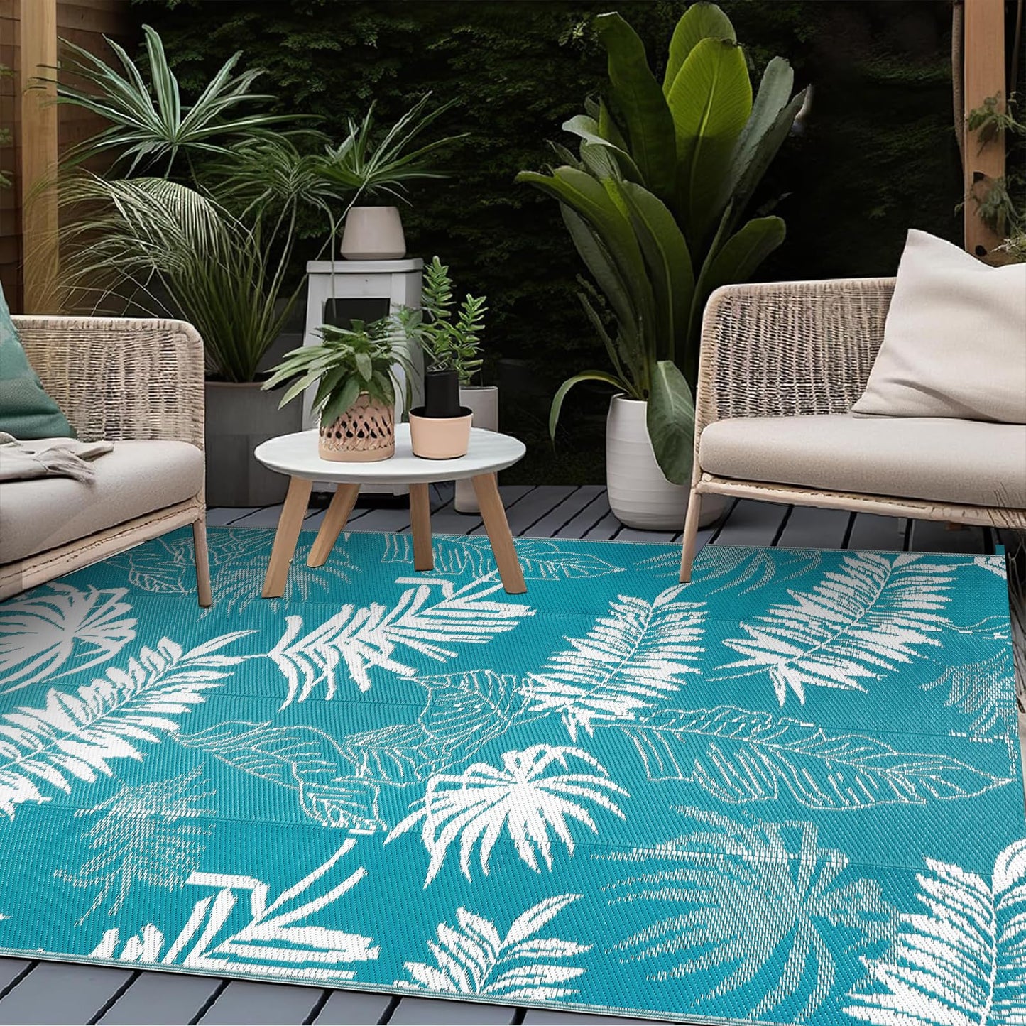 Falflor 150x245cm Outdoor Reversible Rug Waterproof Outdoor Patio Rug Plastic Large Floor Mat Lightweight Indoor Outdoor Rug Carpet Plastic Straw Rug for Camping Deck RV Backyard Picnic(Teal)