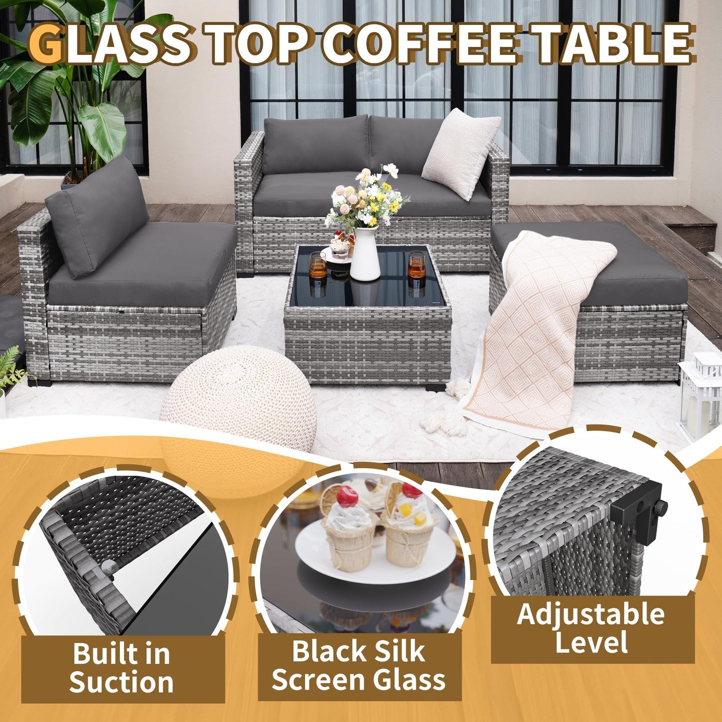 UDPATIO Rattan Garden Furniture Sets of 5,Corner Sofa Set 4 Seaters with Coffee Table,Outdoor Furniture Sectional Modular Combination with Cushion for Balcony,Patio,Grey