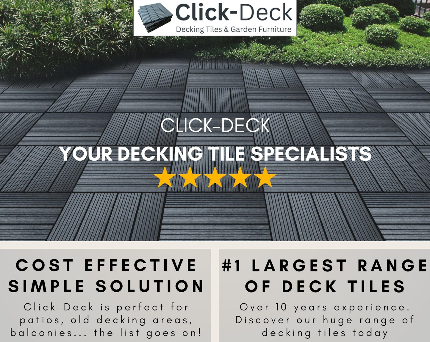 CLICK-DECK Composite Decking Tiles | Patio, Balcony, Concrete, Hot Tub Deck Tiles | 30x30cm Square Connect Flooring | Easy Installation | Low Maintenance | Great Drainage (6X Deck Tiles, Ebony)