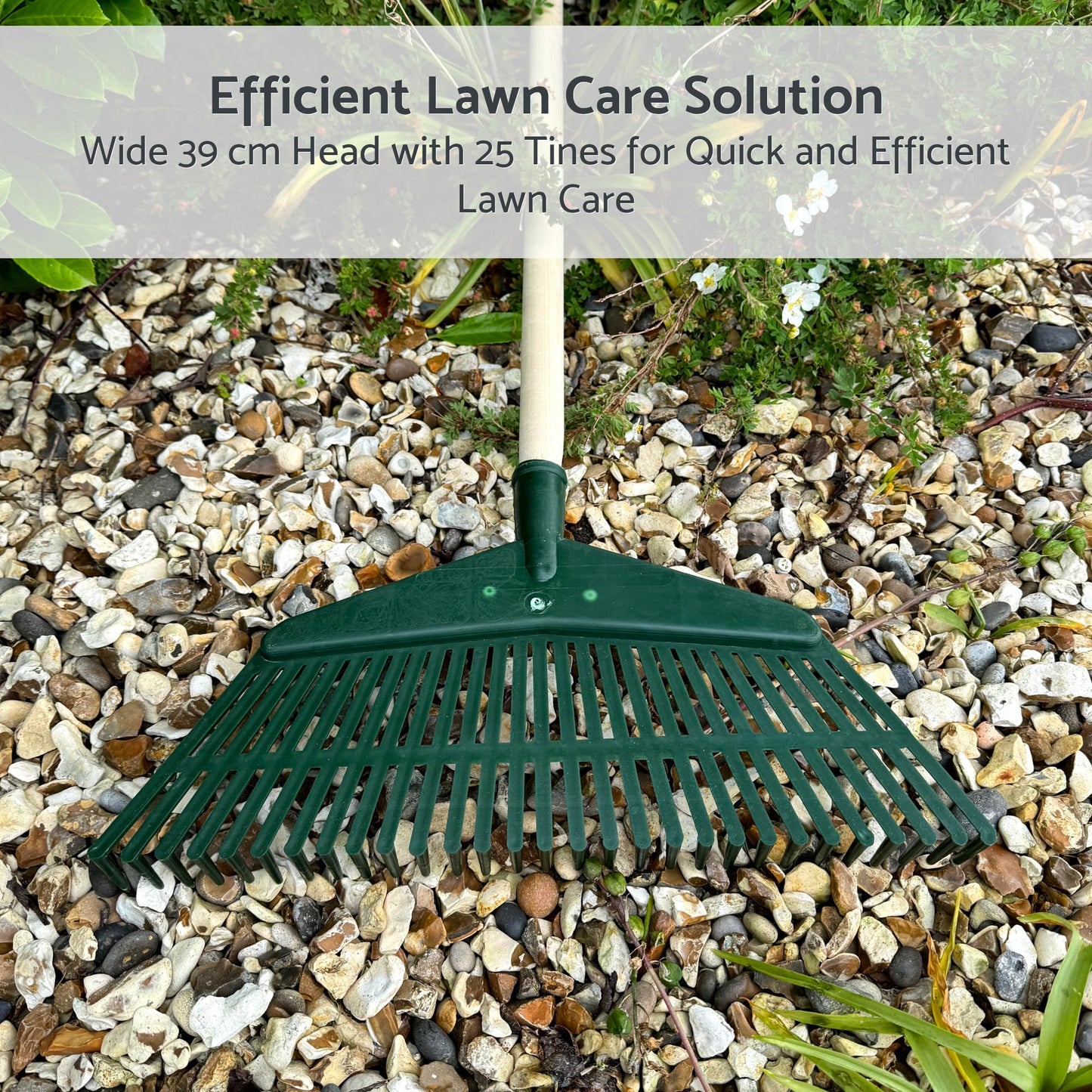 Garden Leaf Rake - 25 Tine Plastic Head & 115 cm Wooden Handle, 39 cm Wide - Lightweight & Durable for Quick Lawn Cleaning, Ideal Universal Gardening Tool for All Seasons