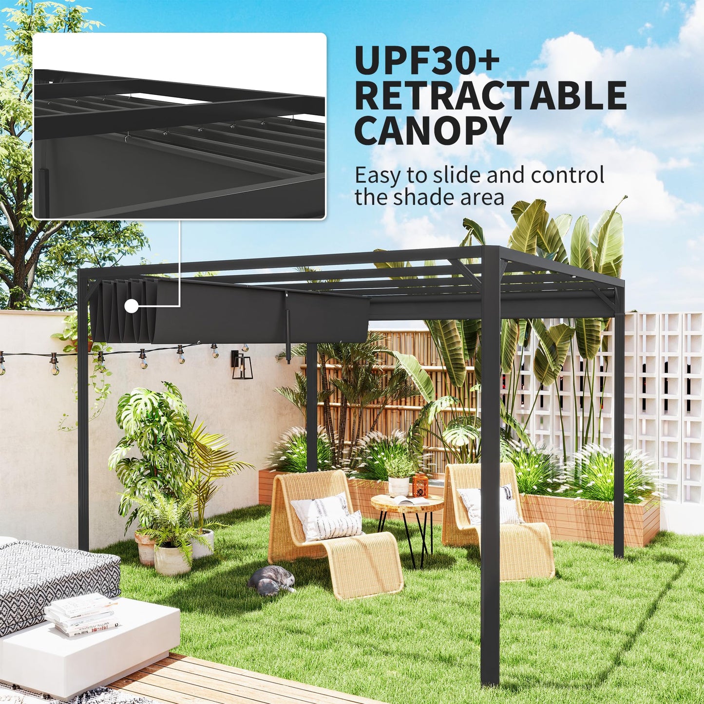 Outsunny 3 x 3(m) Garden Pergola with Retractable Roof Canopy and Roller Shade, Aluminium Pergola Kit Gazebo, UPF30- Sun Shade Shelter for Deck, Porch, Dark Grey