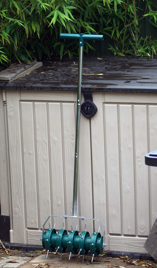 Greenkey Rolling Lawn Aerator, Manual 300mm Spiked Roller, Green, Mixed Materials, Compact Style