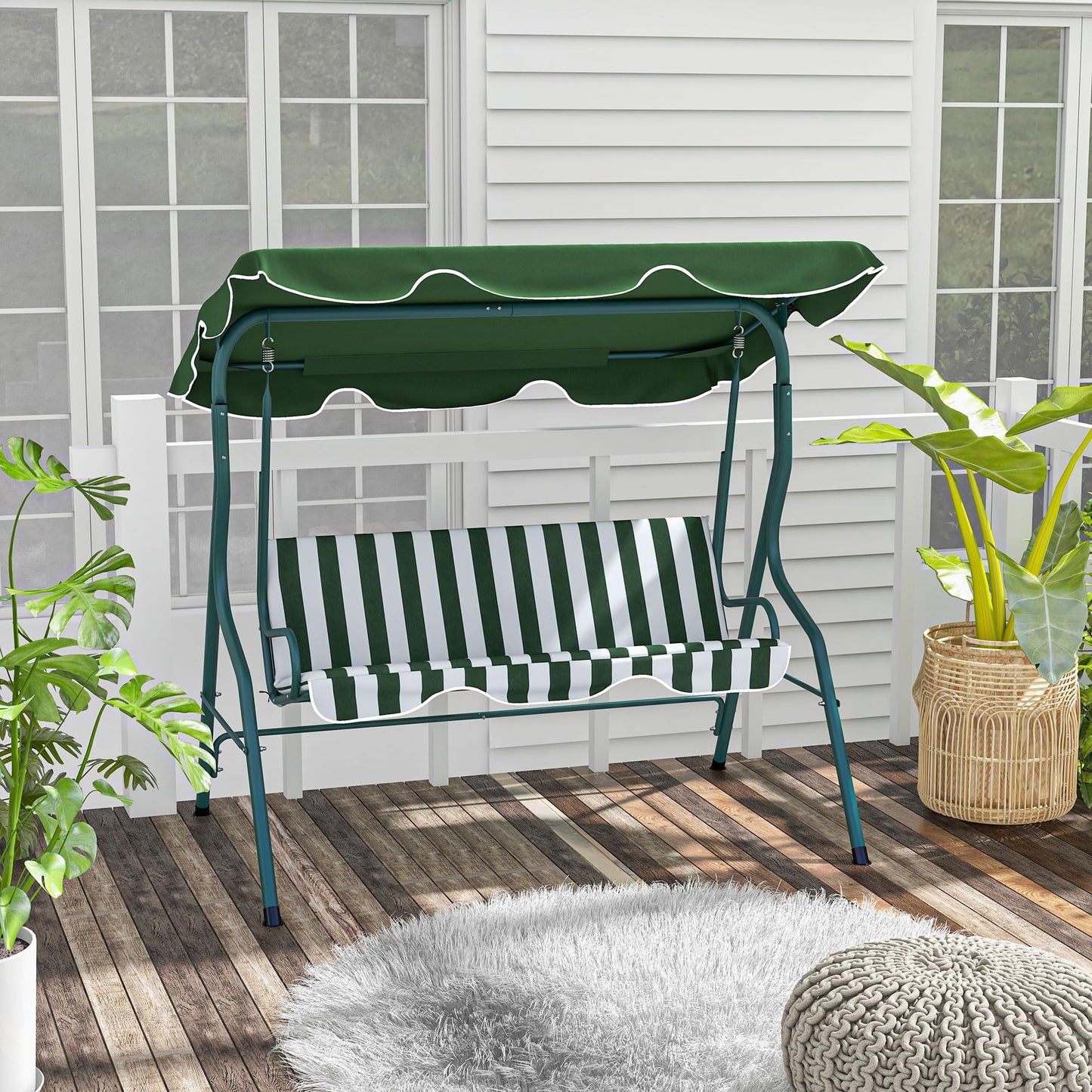 Outsunny 3 Seater Canopy Swing Chair Outdoor Garden Bench with Adjustable Canopy and Metal Frame - Green Stripes