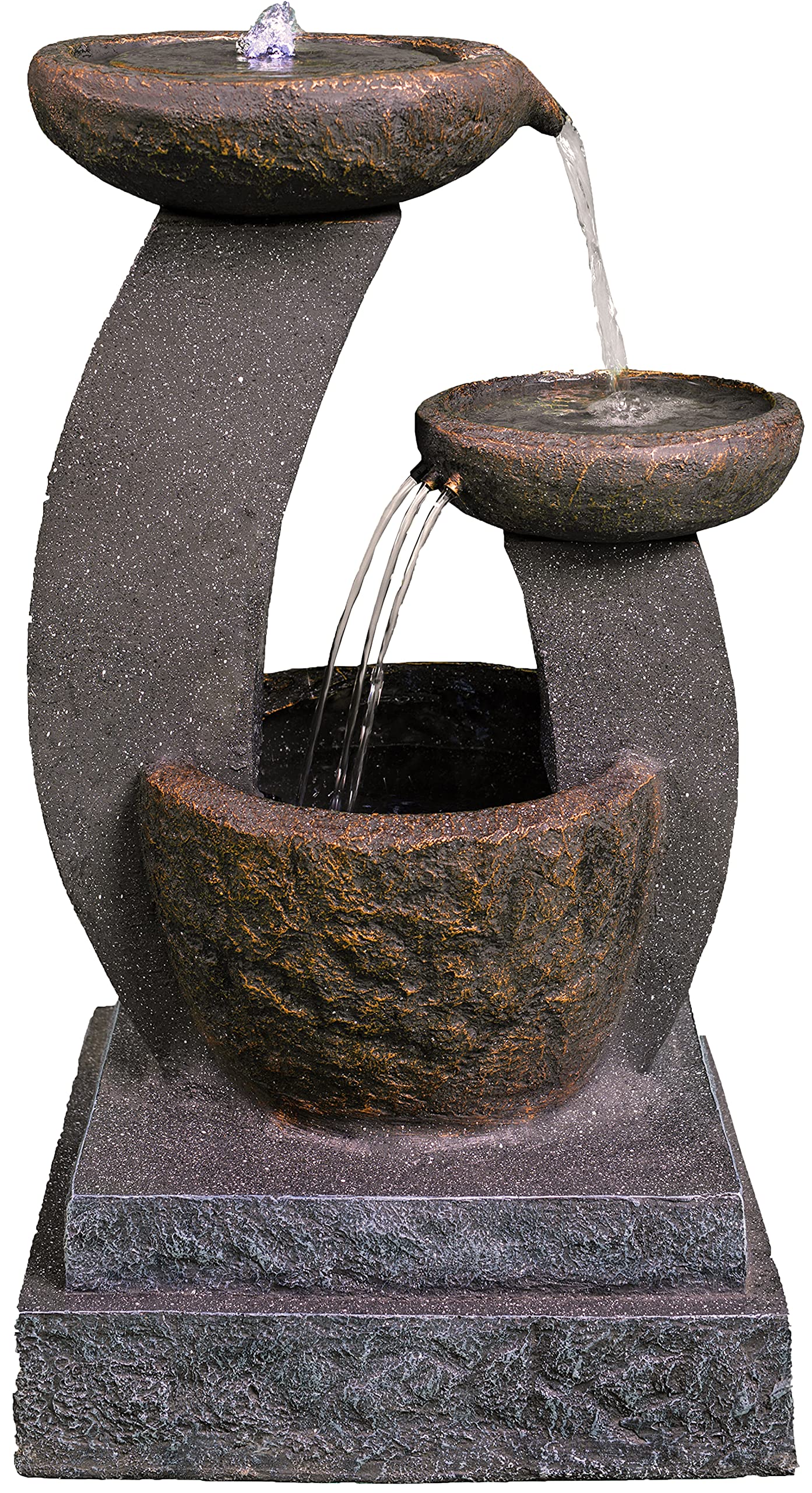 MDA Designs Shinto Outdoor 3-Tier Water Feature - Cascading Bowls with LED Lights Tranquil Waterfall Effect Garden Fountain