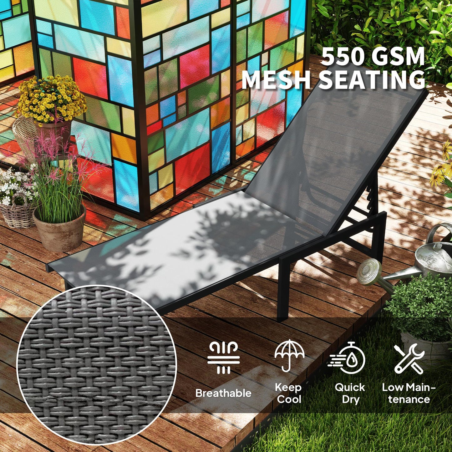 Outsunny Sun Lounger for Garden, 5-Level Adjustable Reclining Sun Lounger Chair, Flat Garden Lounger Sunbed with Texteline Seat, Steel Frame for Patio, Beach, Grey