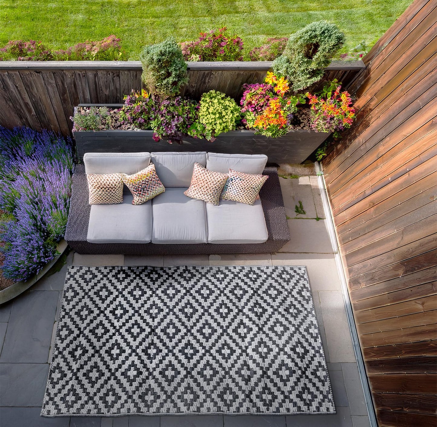 Dreamscene Outdoor Mats for Garden Rug Grey Geometric, Reversible Mat for Summer Garden Patio Decking Large Outdoor Rug Water Resistant Foldable Area Rugs Easy Storage, 80 x 150cm