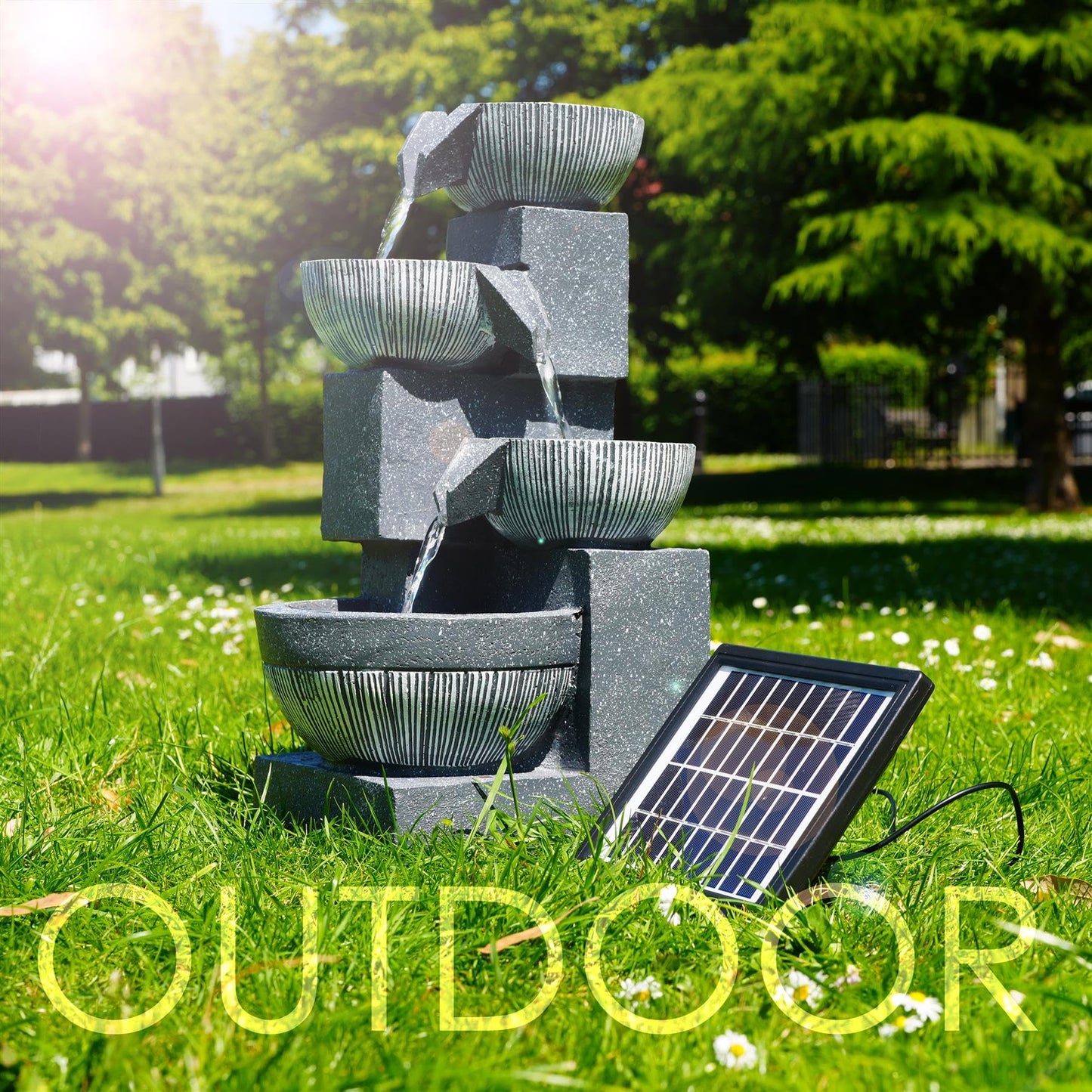 GEEZY Solar Water Features for the Garden – Outdoor 4 Tier Bowl Fountain with LED Lights – Solar Powered, Self-Contained – Easy Setup, Relaxing & Cascading – Ideal for Garden, Patio & Balcony Decor