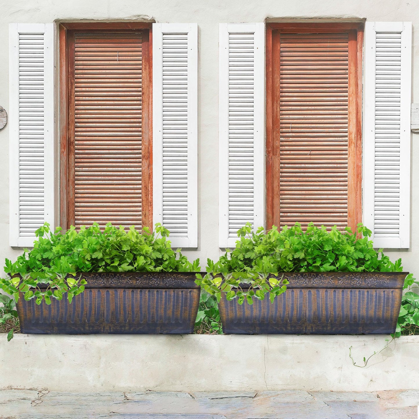 SG Traders 2 x Plastic Floral Fluted Garden Trough Long Window Box Planter Flower Box Plastic Vegetable Planters Pot Herb Planter for Windowsill Patio Garden Home Decor Flower Bed 59cm