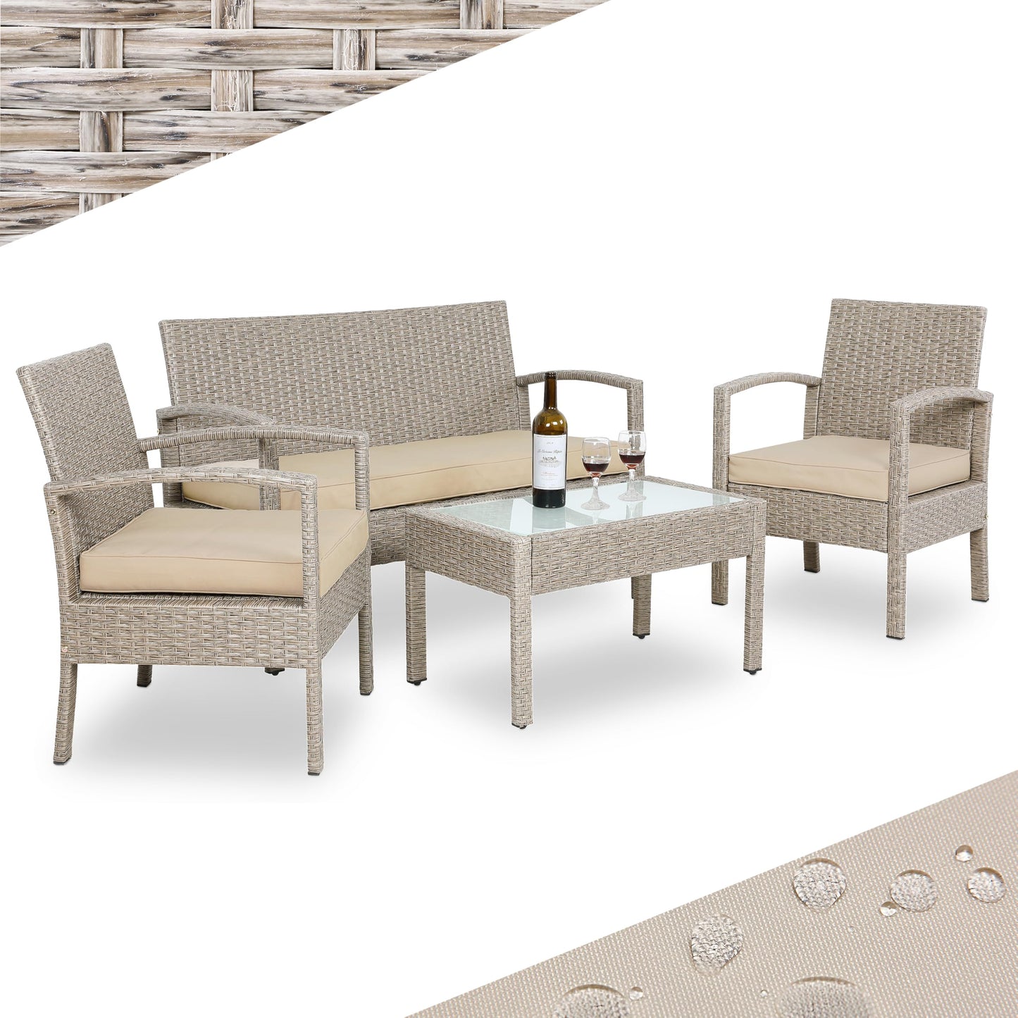 CASARIA® 7pc Weatherproof Polyrattan Garden Furniture Set | Suitable for up to 4 People | Outdoor Patio Seating Group with 2 Armchairs, Bench, 3 Cushions, & Frosted Glass Top Table | Cream