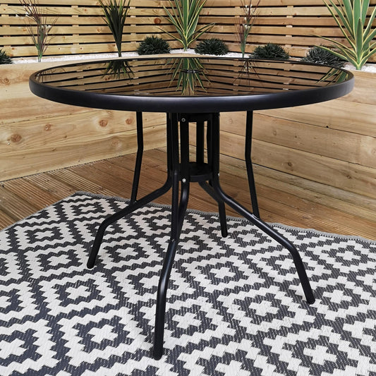 Samuel ALEXANDER 4 Person Round Black Garden Table with Glass Top & Parasol Hole