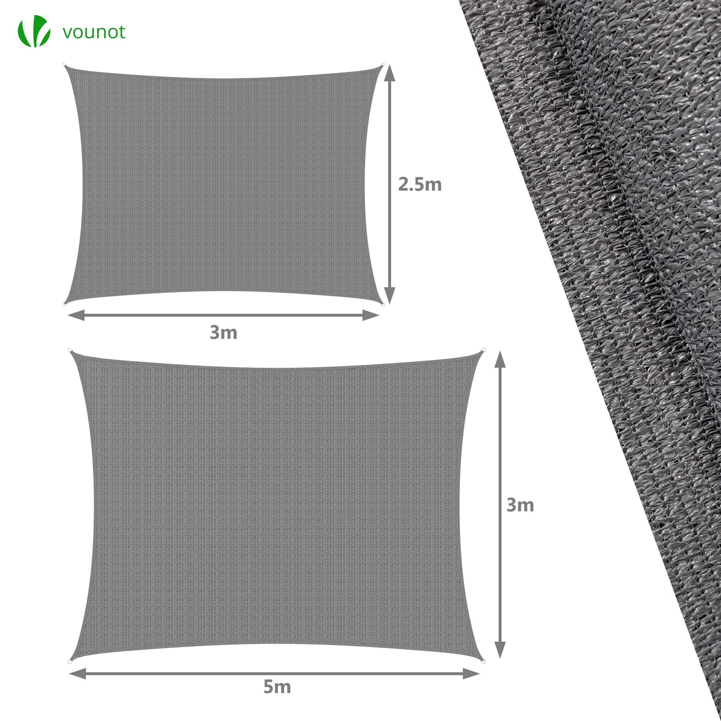 VOUNOT® Sun Shade Sail Rectangle with Fixing Kit, 95% UV Block Breathable HDPE Awning, Sunscreen Canopy for Outdoor Garden Patio Lawn, Grey 3x2.5 m