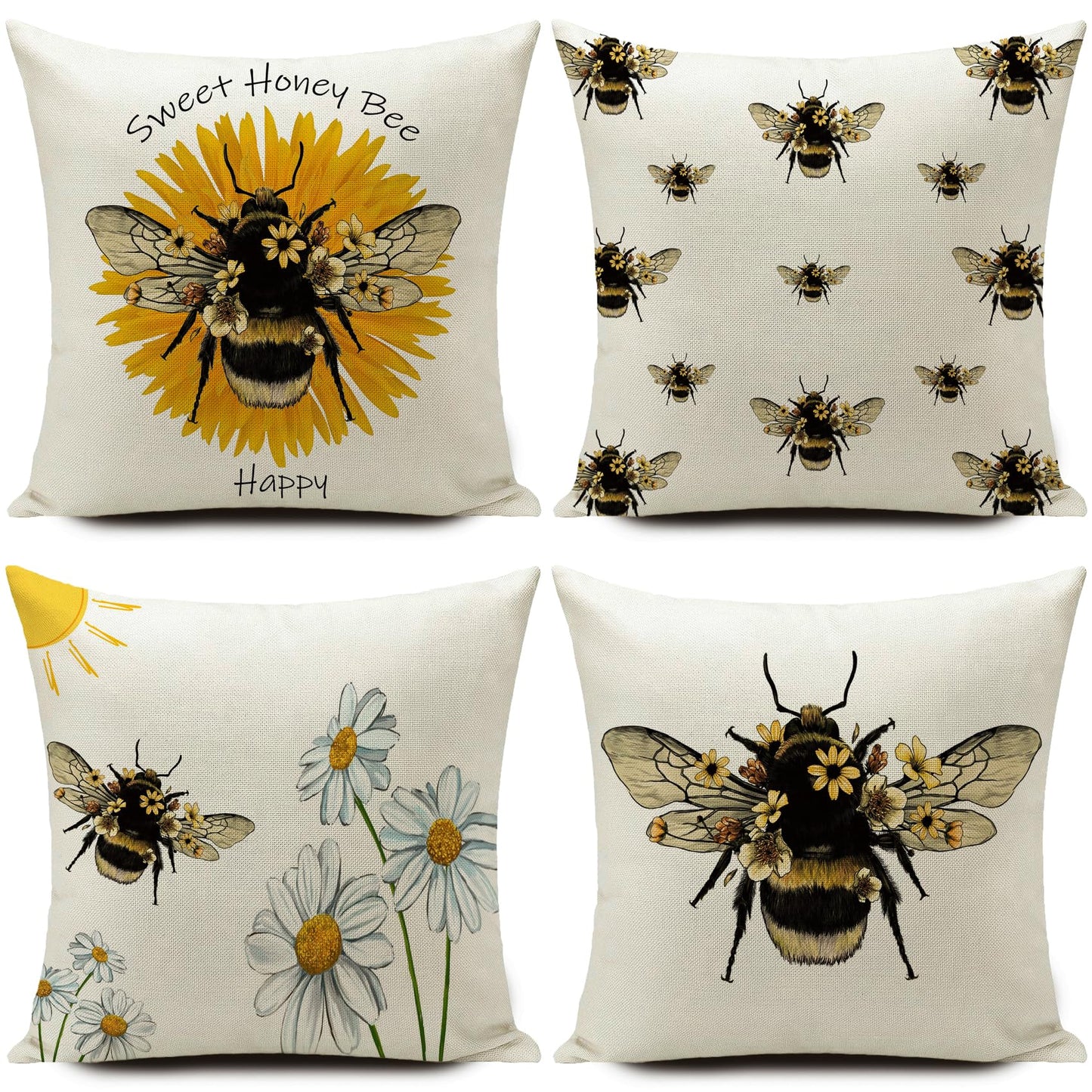 HUASHUZI Cushion Covers Bee Outdoor Waterproof Bee Gifts Design for Women Decorations Throw Pillow Case Set of 4 18x18 inch Home Decor for Sofa Bench Couch Garden Furniture 45x45cm