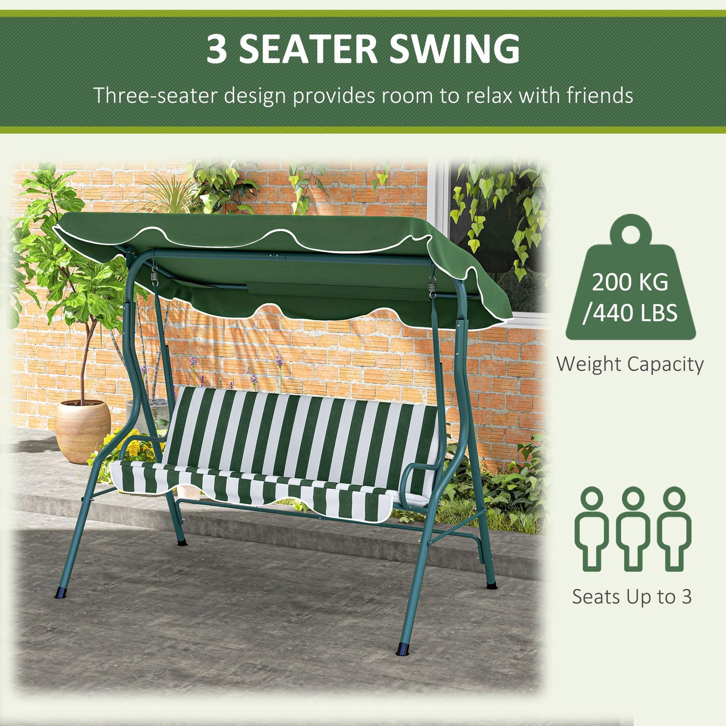 Outsunny 3 Seater Canopy Swing Chair Outdoor Garden Bench with Adjustable Canopy and Metal Frame - Green Stripes