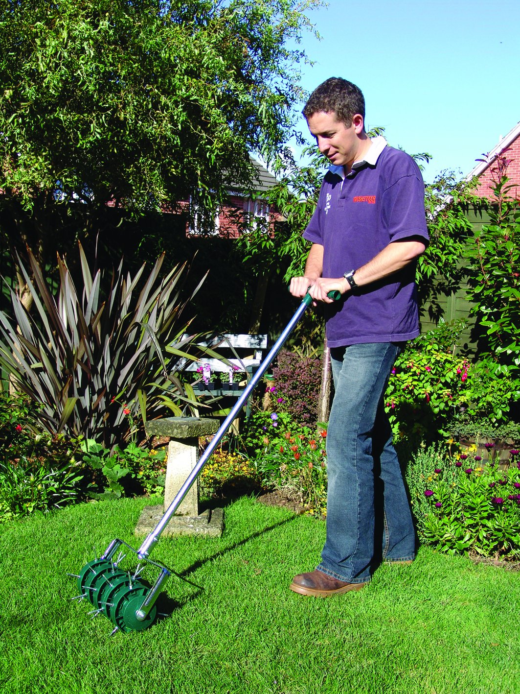 Greenkey Rolling Lawn Aerator, Manual 300mm Spiked Roller, Green, Mixed Materials, Compact Style