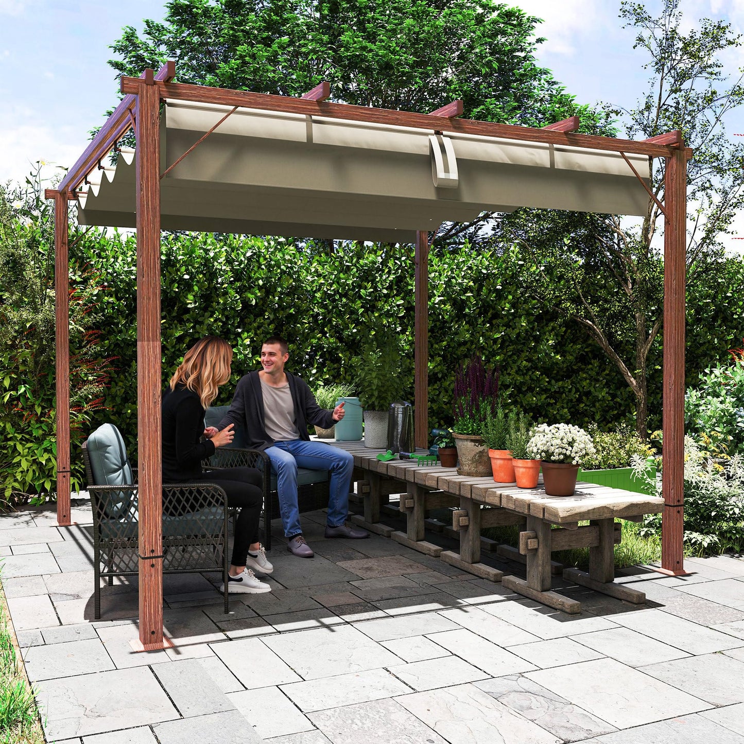 Outsunny 3 x 3(m) Garden Pergola with Retractable Roof Canopy and Wood Grain Aluminium Frame, Outdoor Gazebo Pergola Kit, UPF30- Sun Shade Shelter for Deck, Porch, Natural Wood Finish