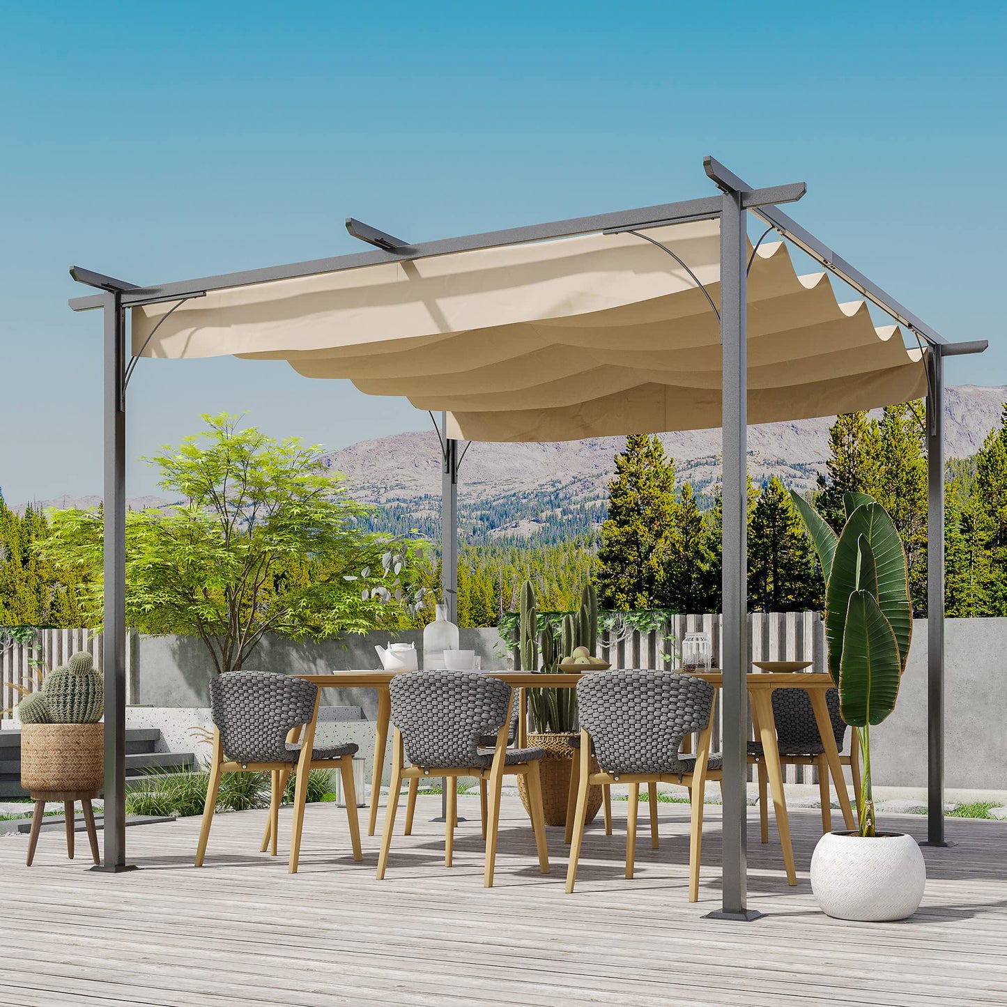 Outsunny 3 x 3(m) Metal Pergola with Retractable Roof, Garden Gazebo Metal Pergola Canopy. Outdoor Sun Shade Shelter for Party BBQ, Beige