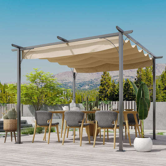 Outsunny 3 x 3(m) Metal Pergola with Retractable Roof, Garden Gazebo Metal Pergola Canopy. Outdoor Sun Shade Shelter for Party BBQ, Beige