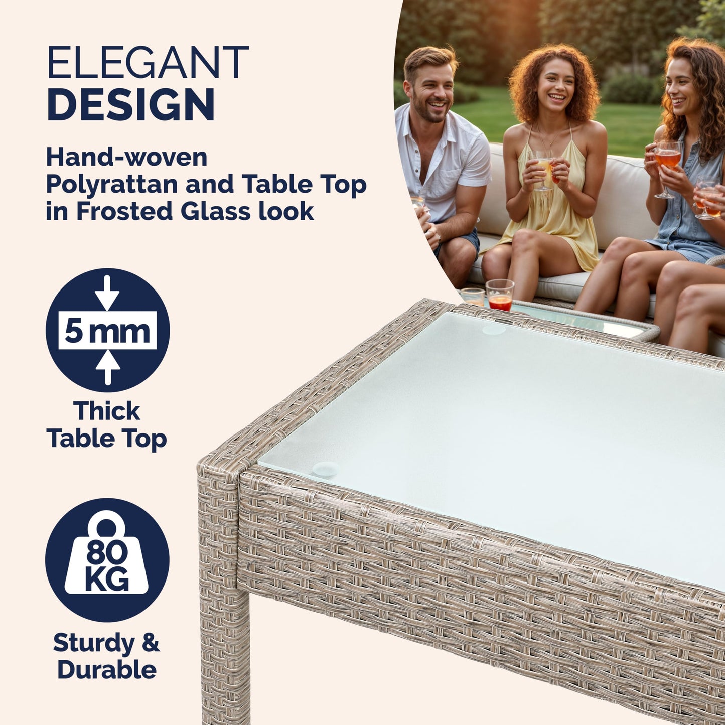 CASARIA® 7pc Weatherproof Polyrattan Garden Furniture Set | Suitable for up to 4 People | Outdoor Patio Seating Group with 2 Armchairs, Bench, 3 Cushions, & Frosted Glass Top Table | Cream