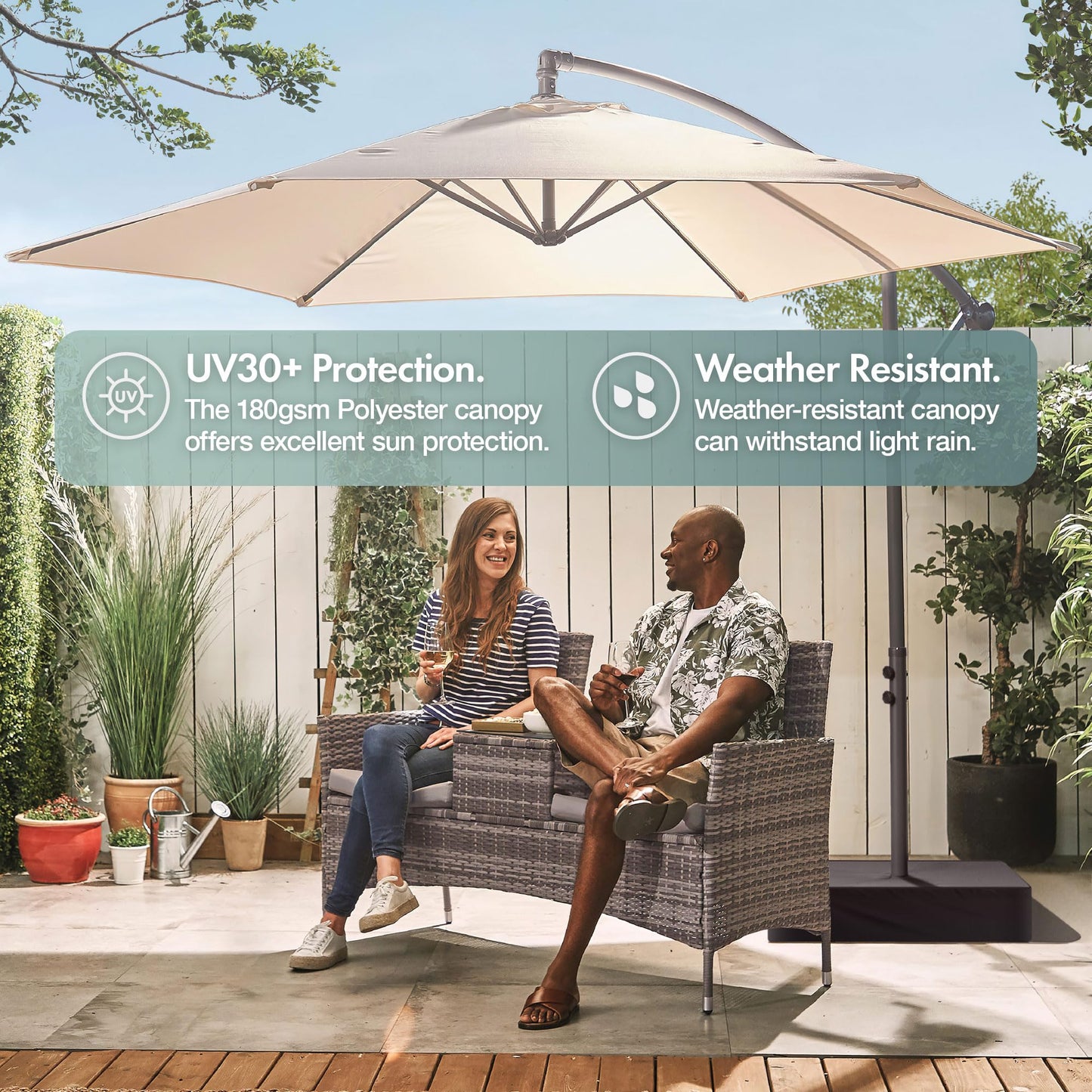 VonHaus Banana Parasol 3M – Cantilever Hanging Parasol Umbrella for Outdoor, Garden, Patio – Sun Shade Canopy with Hand Crank, Tilt & Rotate Function, UV30- Protection, Air Vent, Steel Frame – Cream