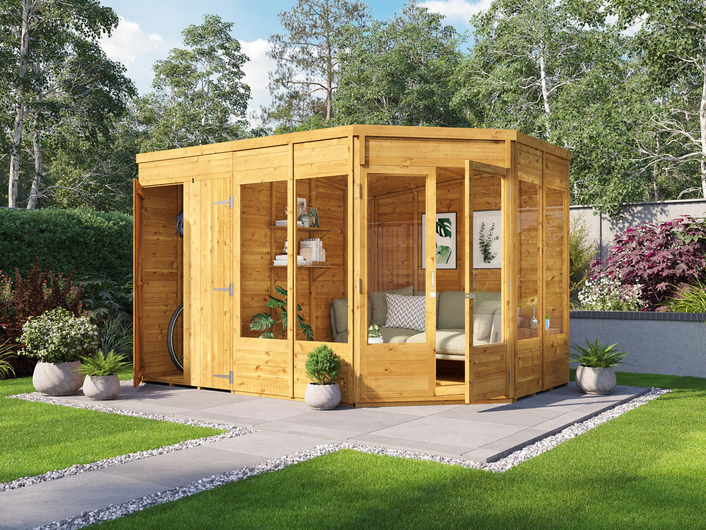 BillyOh Corner Summerhouse Log Cabin with Side Garden Storage Shed 11 x 7 Wooden Summer House Penton Summerhouses 11x7 Spray Treated (Store on Left)