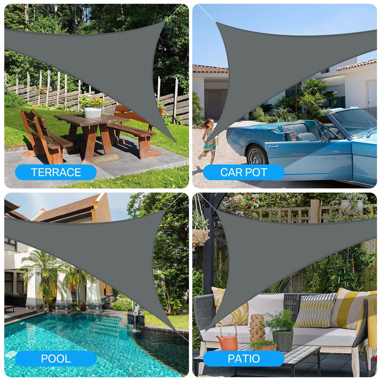 HEYOMART Sun Shade Sail Waterproof Outdoor Garden Patio Party Sunscreen Awning 2x2x2m Triangle Canopy 98% UV Block with Free Rope, Grey