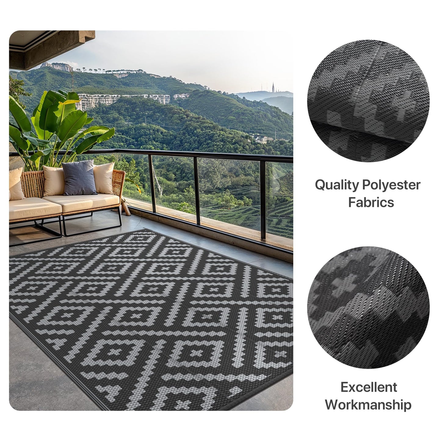 GENIMO Outdoor Rug Garden Rugs Waterproof Reversible Recycled Outdoor Carpet Washable UV Resistant Modern Area Rugs for Patios, Picnic, Backyard, 120 * 180cm, Black & Grey