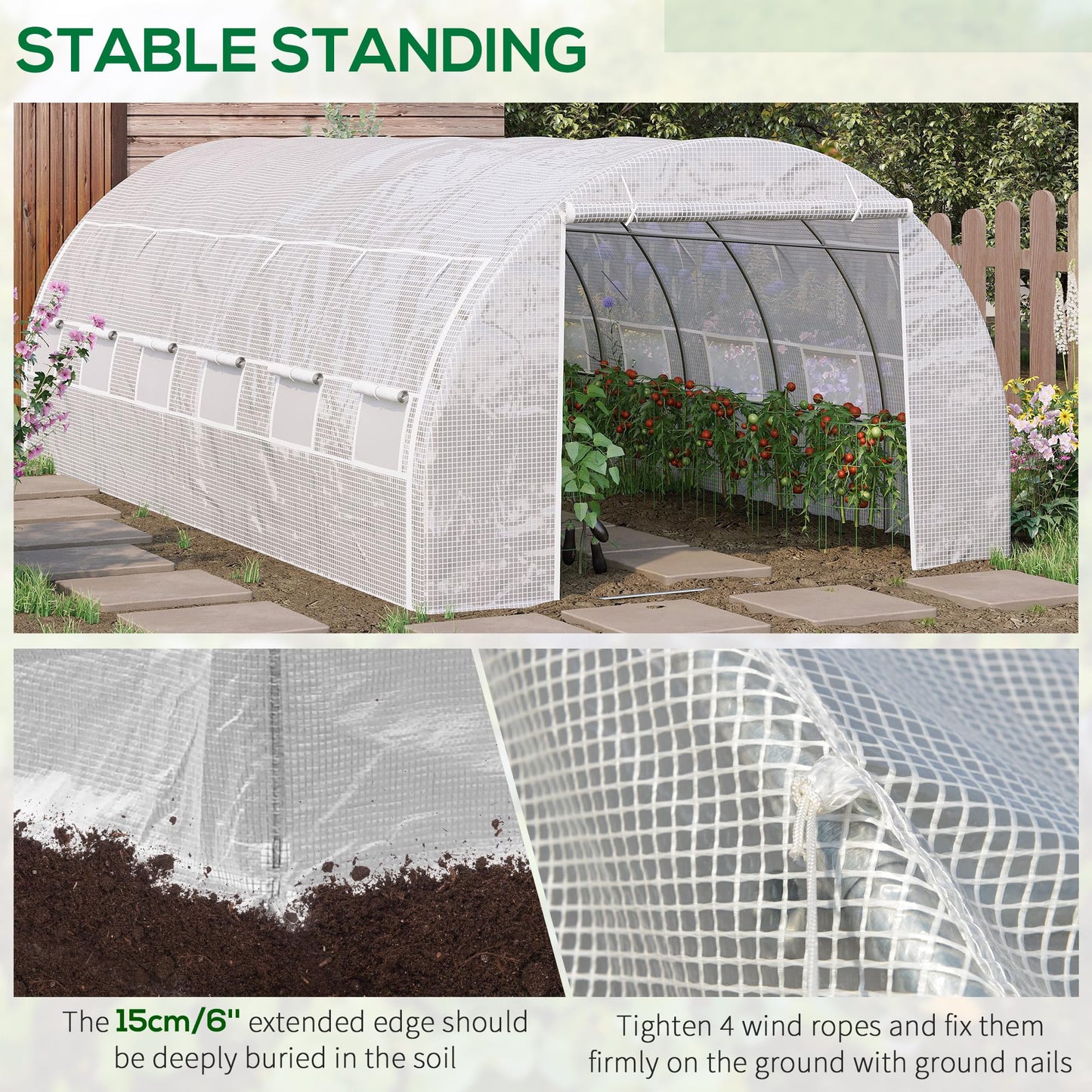 Outsunny 6 x 3 x 2 m Polytunnel Greenhouse with Roll-up Side Walls, Walk-in Grow House Tent with Steel Frame, Reinforced Cover, Zipped Door and 12 Mesh Windows for Garden, White