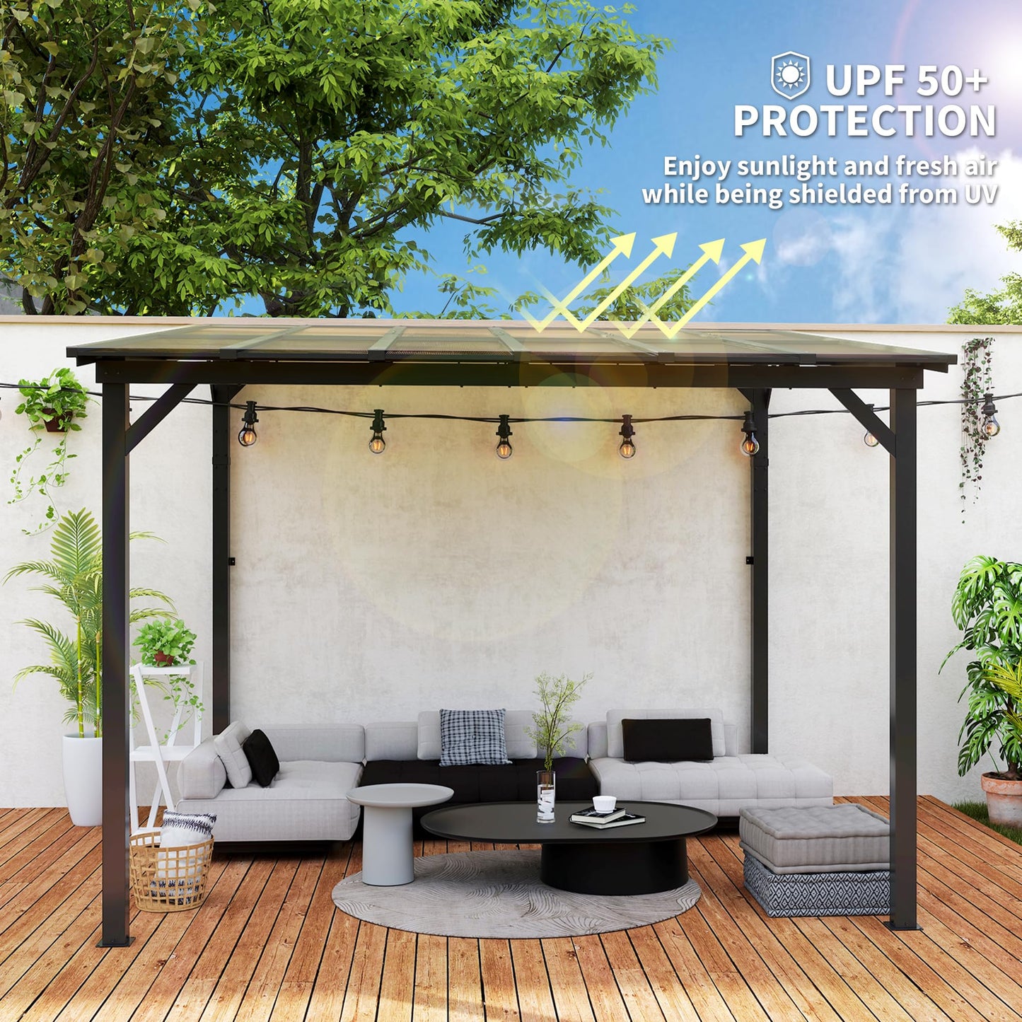 Outsunny 3 x 3(m) Metal Pergola with UPF 50- and Waterproof Polycarbonate Roof, Wall-Mounted or Free Standing Garden Gazebo, Wind-resistant Outdoor Sun Shade, Dark Grey