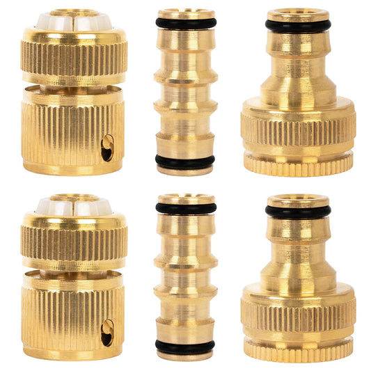 BLOSTM Brass Garden Hose Connector 6 Pack - Rustproof Hose Fittings & Connectors Set with 2x Double Male Connector, 2x Hose ½” End Quick Connect, 2x ½” Hose Tap Connectors - Fits Most Hose Pipes