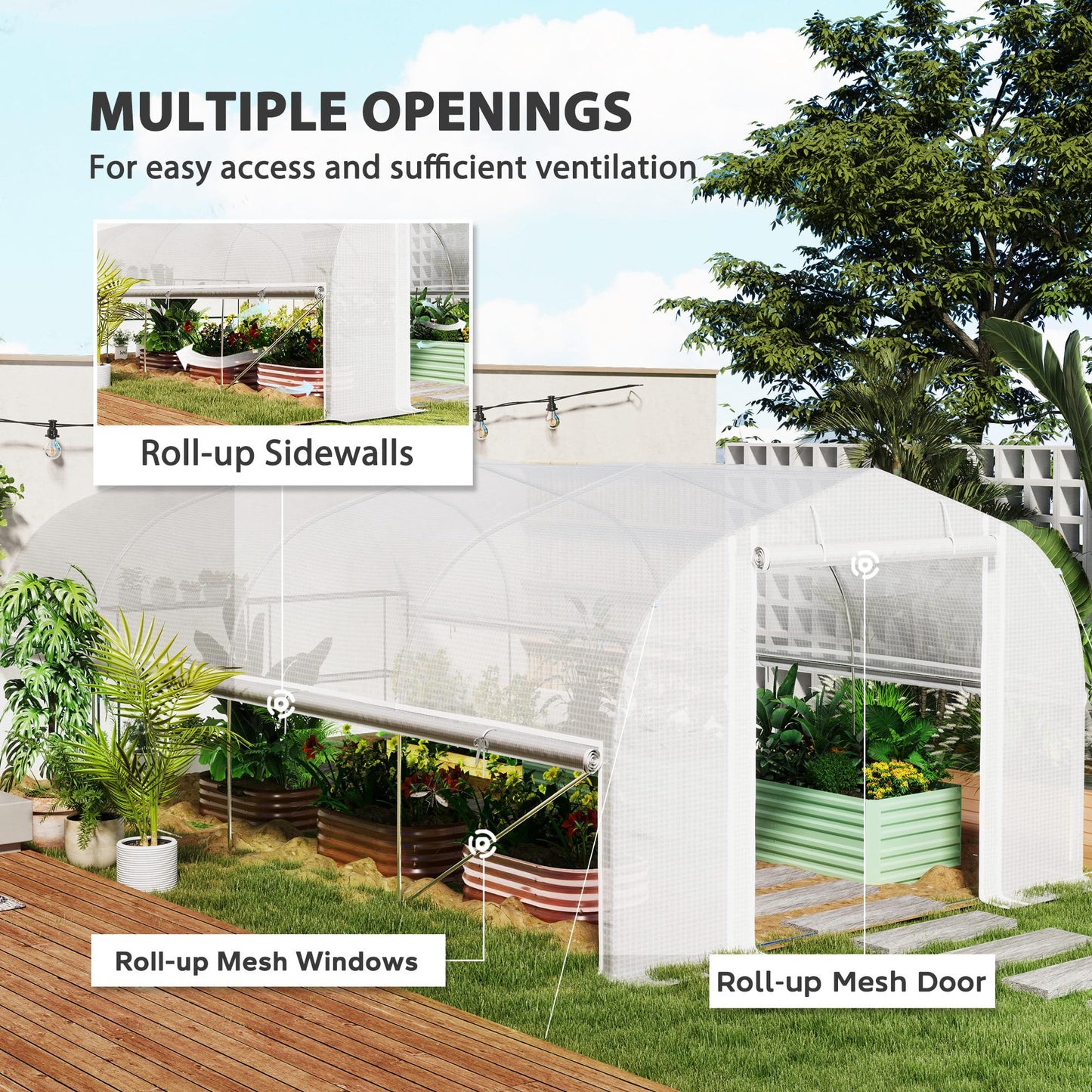 Outsunny 6 x 3 x 2m Polytunnel Greenhouse with Roll-up Sidewalls, Mesh Door and 8 Mesh Windows, Walk-in Garden Tunnel Warm House Tent with UV-resistant PE Cover and Galvanised Steel Frame, White