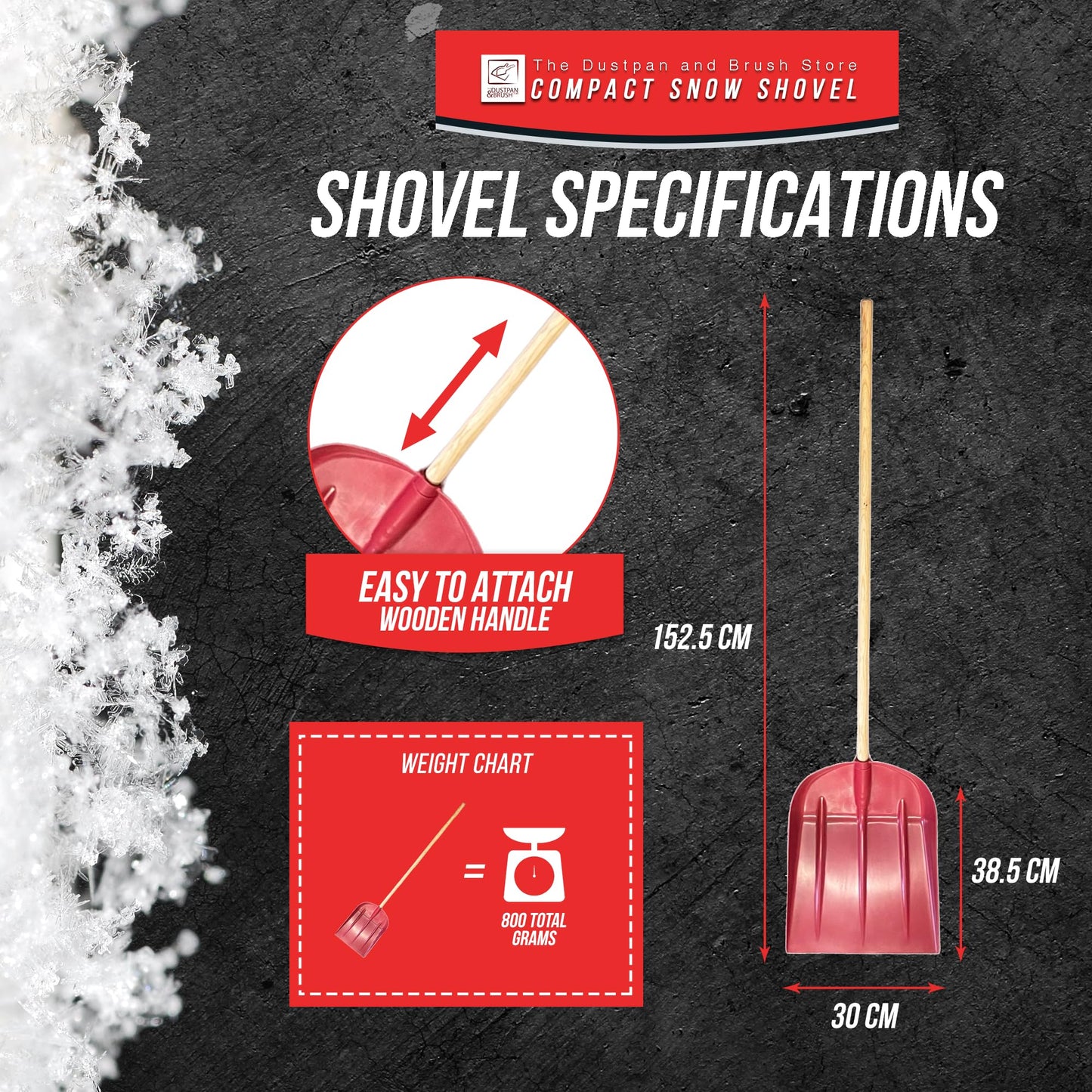 Heavy Duty Snow Pusher – 30cm Wide Plastic Head, 120cm Long Wooden Handled Multipurpose Shovel for Snow and Garden Debris