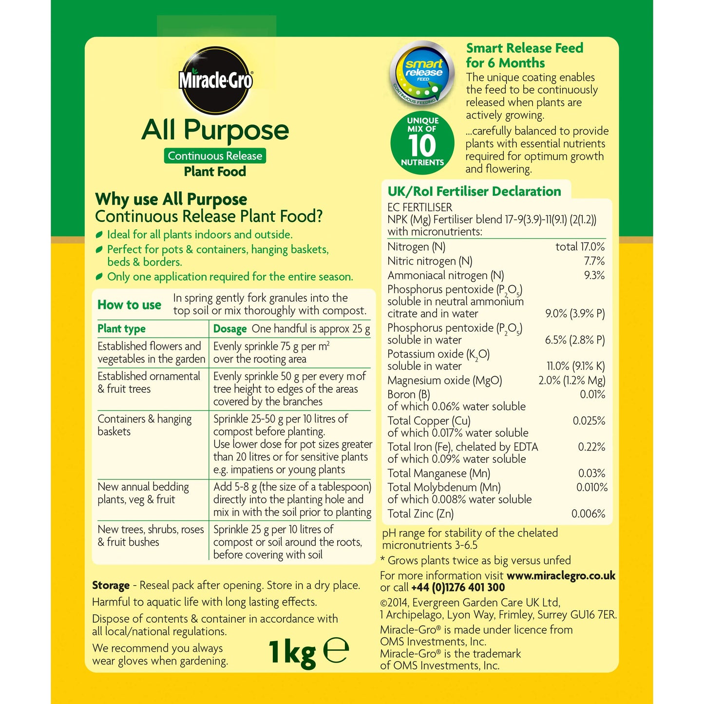 Miracle-Gro 17684 All Purpose Continuous Release Plant Food 1 kg, Green, Brown