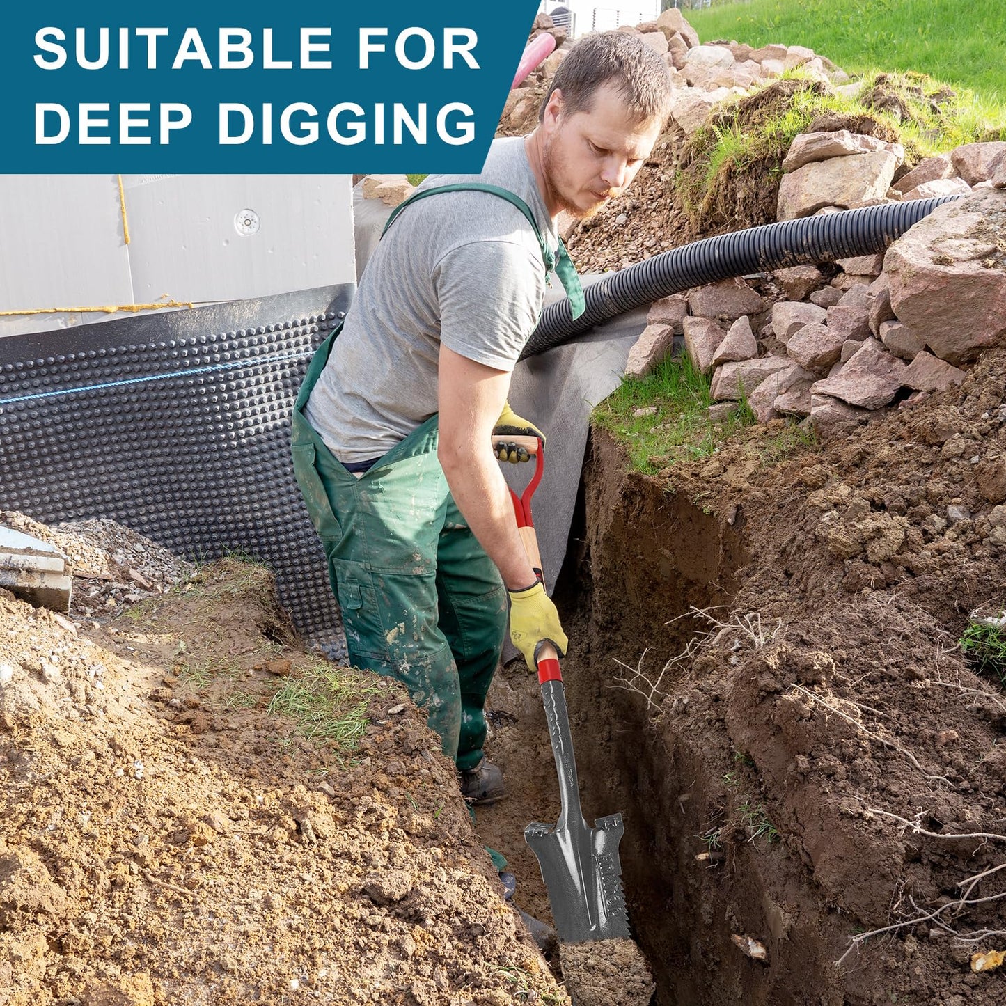 HANTOP Digging Spade Shovel Drain Spade Square Point Shovel Transplanting Spade Trenching Shovel, 44 inches