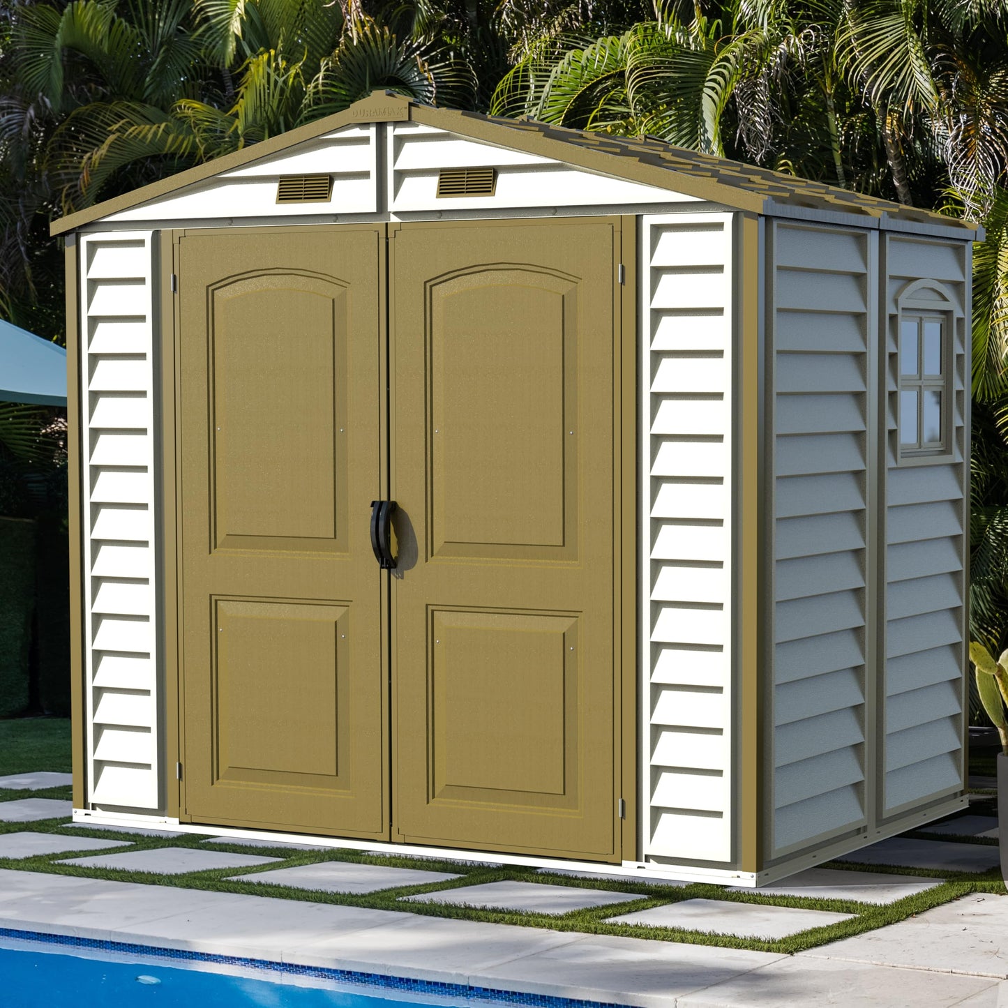 Duramax StoreAll 8 x 6 (4.12 m2) Plastic Garden Storage Shed with 1 Fixed Window & Metal Foundation Kit, Strong Metal Roof Structure Fire Retardant and Maintenance-Free Storage Shed - Ivory/Brown