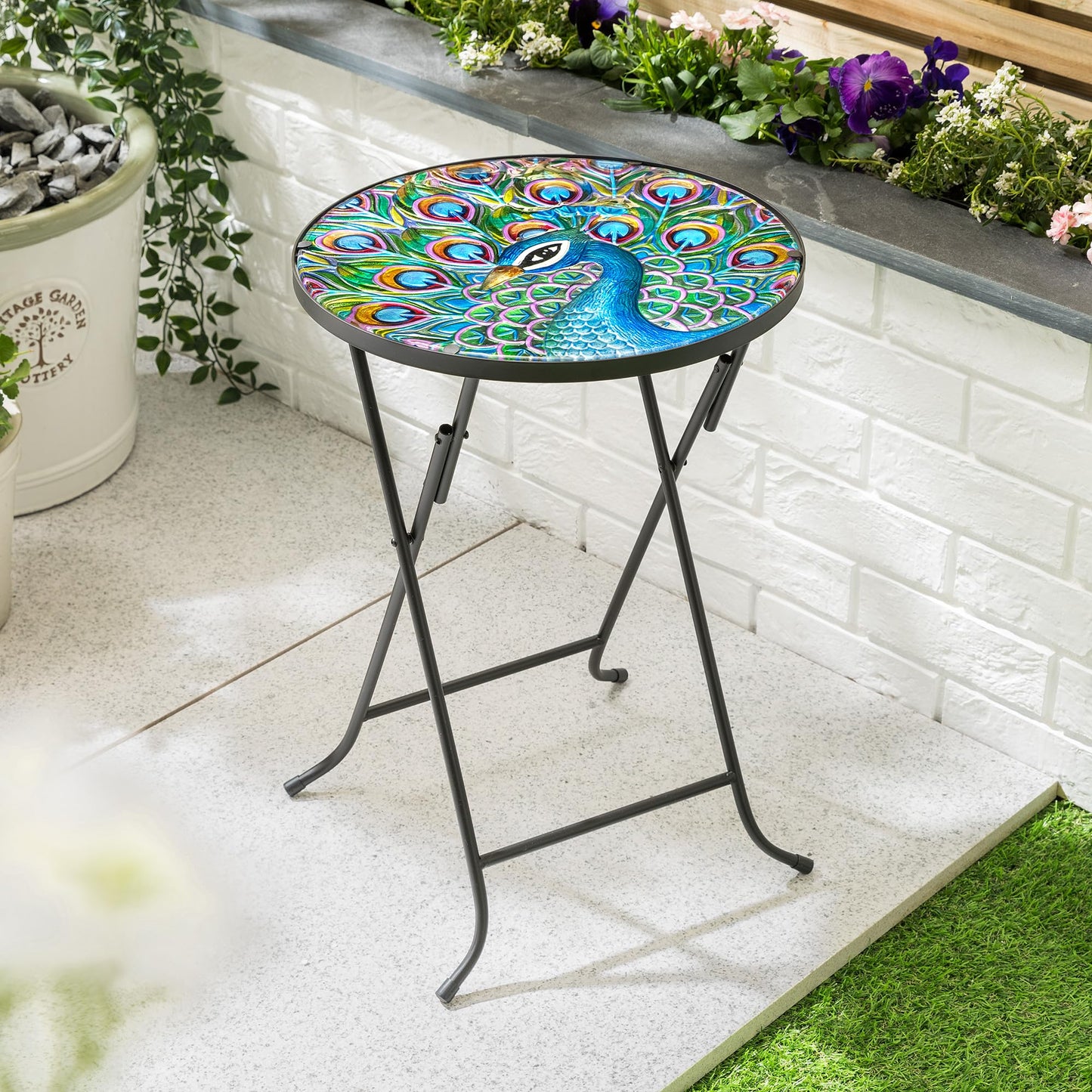 CHRISTOW Bistro Table Glass Top Round Folding Garden Patio Decoration Plant Stand (Painted Peacock)