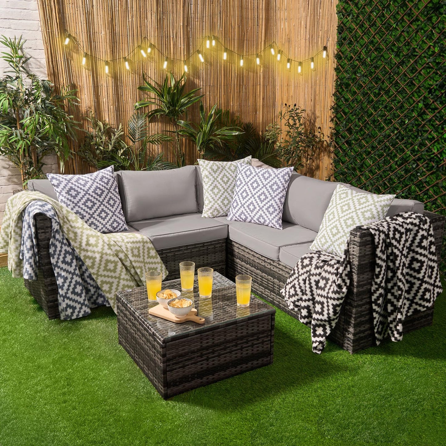 OHS Rattan Garden Furniture, 5 Seater Garden Corner Sofa with Table Set Outdoor Seating Patio Conservatory Wicker Table Soft Cushions - Grey