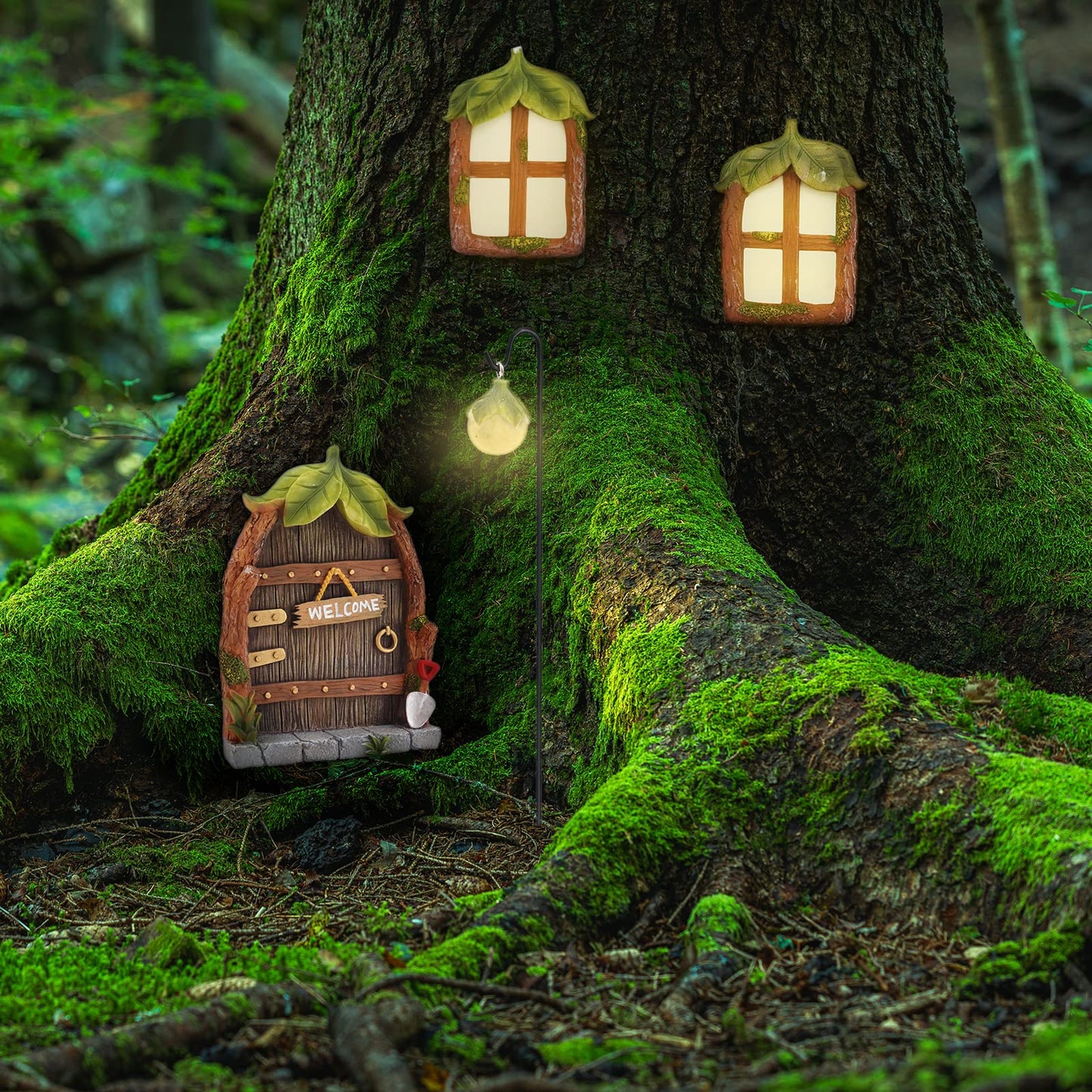 Bemodst Fairy Door, Miniature Garden Ornament with 2 Glowing Windows, Garden Sculpture Tree Decoration, Outdoor Patio Art Tree Decoration Garden