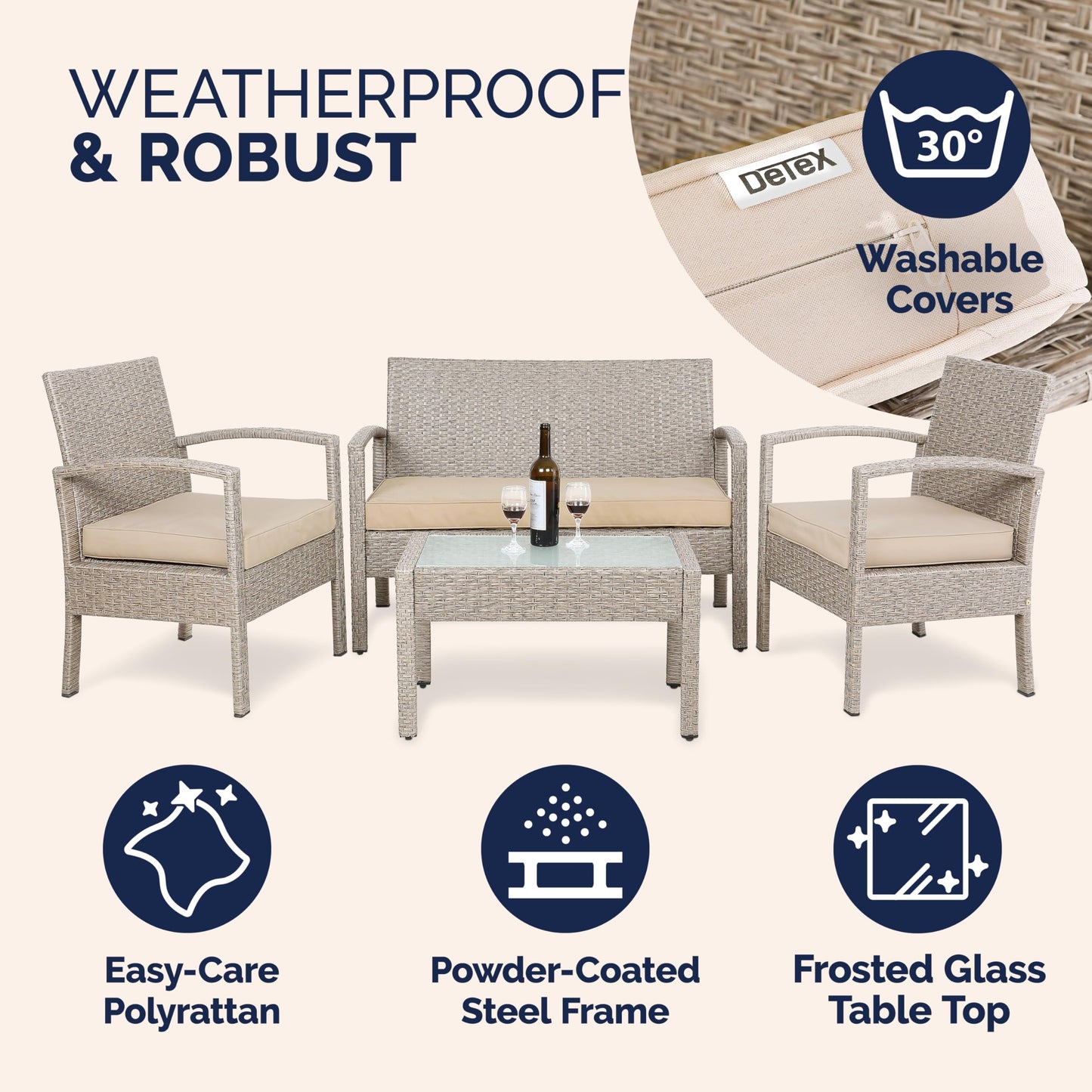 CASARIA® 7pc Weatherproof Polyrattan Garden Furniture Set | Suitable for up to 4 People | Outdoor Patio Seating Group with 2 Armchairs, Bench, 3 Cushions, & Frosted Glass Top Table | Cream