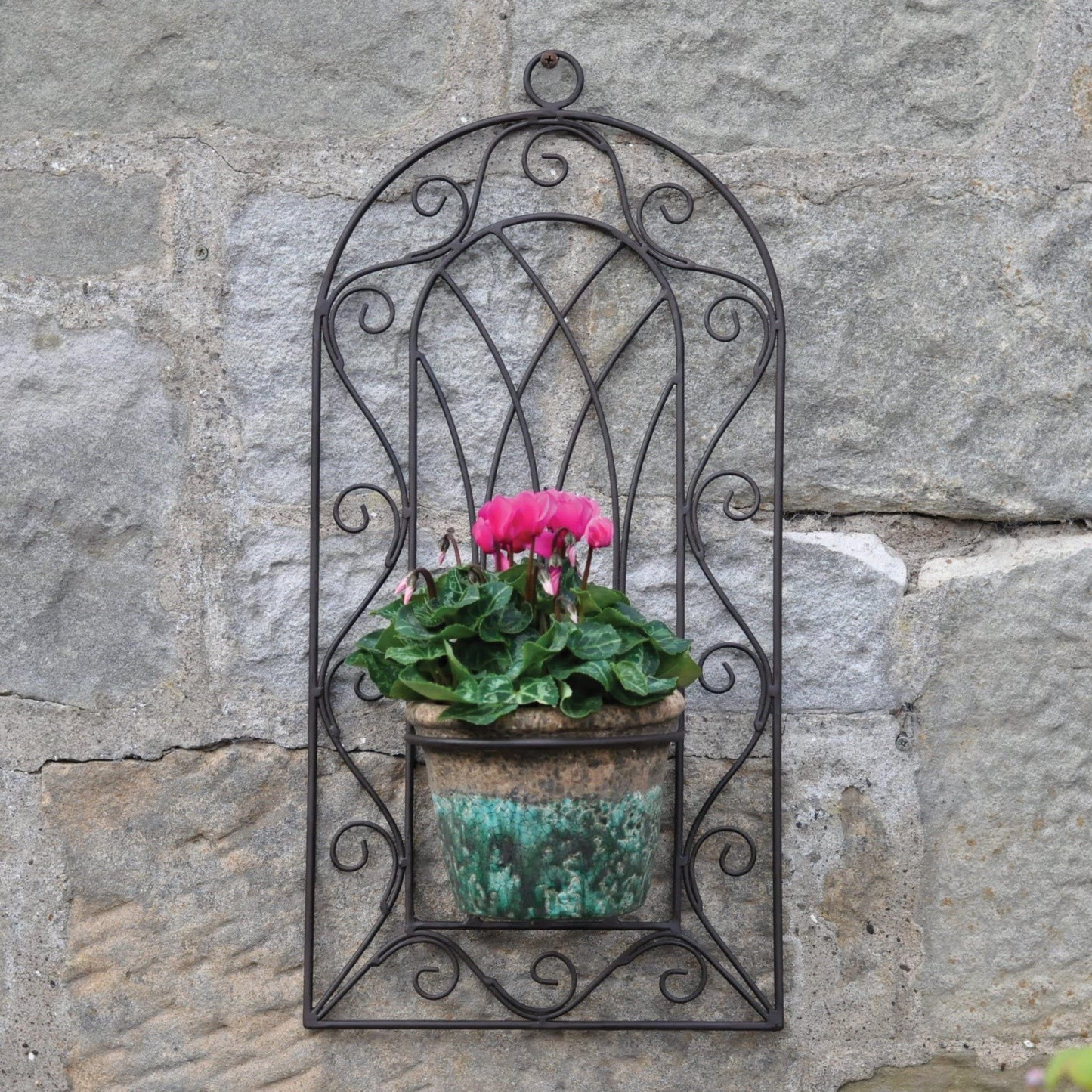 Gardenesque Single Plant Pot Ornate Metal Wall Planter | Wall Planters for Outdoors in Black Metal