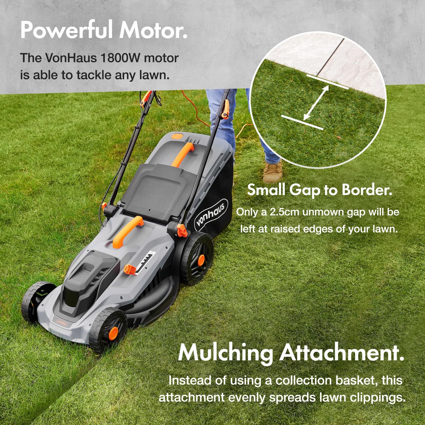 VonHaus Lawnmower 1800W – Electric Corded Lawn Mower for all Types of Grass – 52L Collection Bag, 430mm Working Width, 12m Cable, Foldable Height Adjustable Handlebar, 5 Depth Settings, Carry Handle