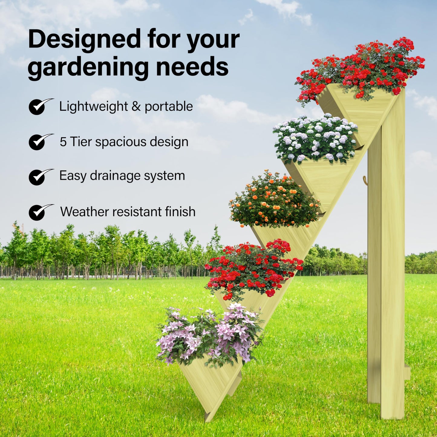 Vivo Technologies 5 Tier Wooden Planter Garden Flower Herb Planter Box Wooden Decorative Planters for Outdoor Indoor, 75cm(H) x 45cm(D) x 30cm(L)