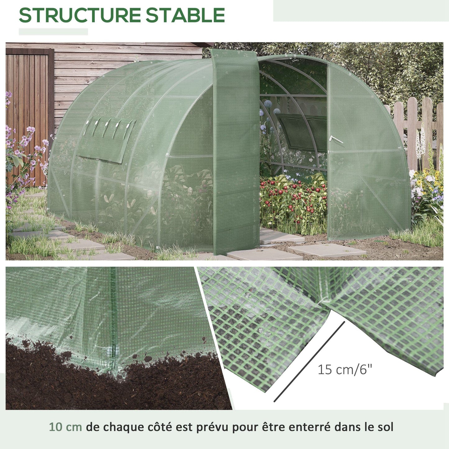 Outsunny Large Polytunnel Walk In Greenhouse, Plant Gardening Tunnel Green House with Metal Hinged Door, Galvanised Steel Frame & Mesh Windows, Green (3 x 4 m)