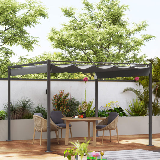 Outsunny 3 x 3(m) Garden Pergola with Retractable Roof and Magnetic Fixture, Outdoor Gazebo Pergola Kit Sun Shade Canopy, UPF30-, Grey