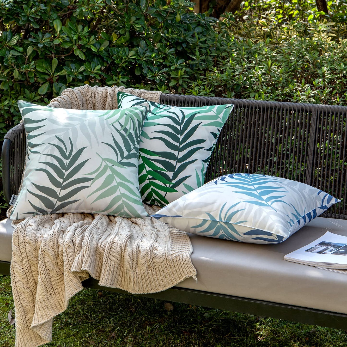 MIULEE Outdoor Cushion Covers Waterproof Polyester Throw Pillow Cover Square Decorative Pillowcase with Leaf Patterns for Garden Sofa Livingroom Bedroom Tent Park 2 Pieces 18x18 Inch Green Grey