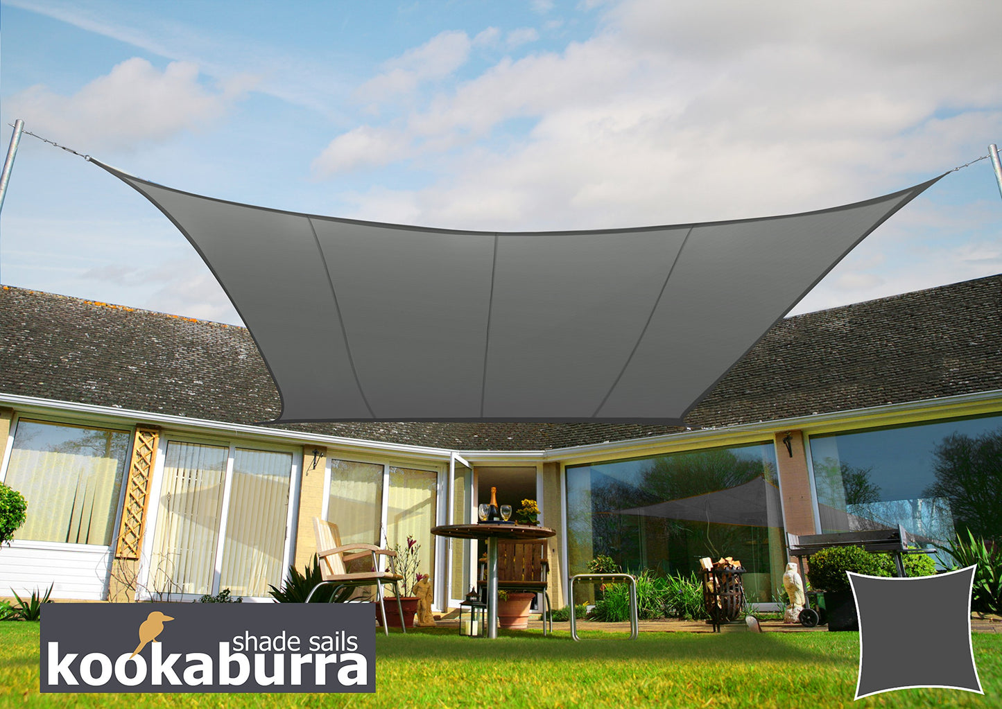 Kookaburra 3m Square Water Resistant Garden Patio Sun Shade Sail Canopy 96.5% UV Block with Free Rope (Charcoal)
