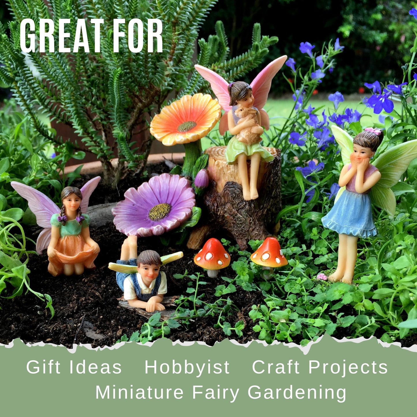 PRETMANNS Fairy Figures with Accessories for an Outdoor Miniature Garden – A Colourful Resin 7-Piece Ornament Set – An for any Season