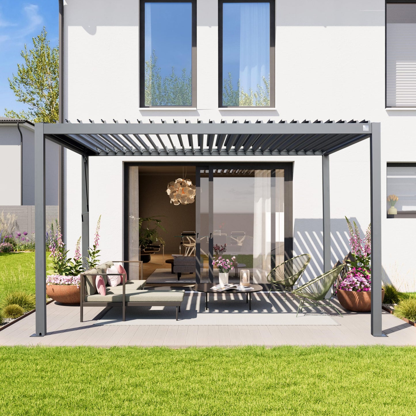PRIMEYARD Pergola 3x4 m aluminium posts with louvered steel roof grey canopy