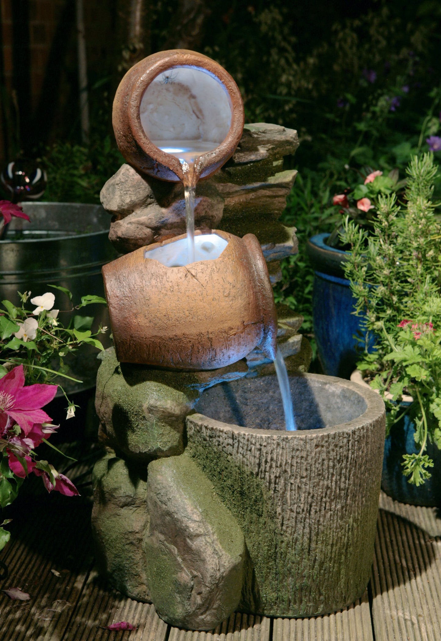 Primrose 68cm Cottage Honey Pots & Barrel Self Contained Rustic Outdoor Water Feature with LED Lights